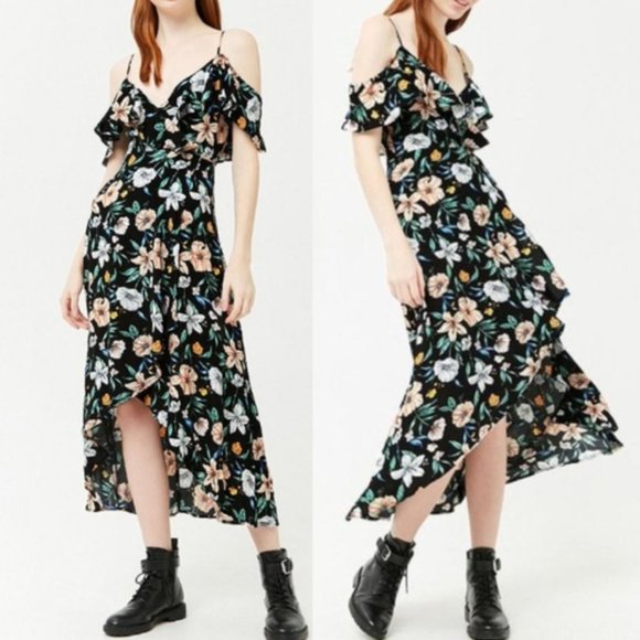 Dresses & Skirts - Floral Maxi Dress Printed Hi-Low Ruffle Midi Wrap - Flower Printed Wrap Dress